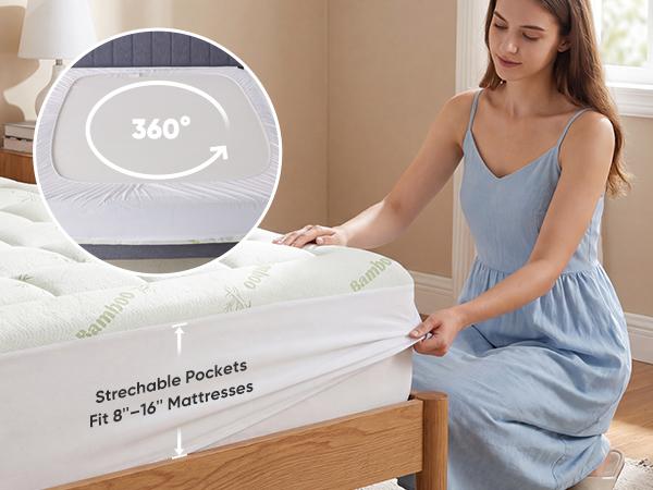 【Back to School】Ultra Soft Mattress Topper，Viscose Made from Bamboo Pillow Top Mattress Pad，Naturally Cooling for Hot Sleepers, Mattress Toppers, Bamboo Topper Mattress
