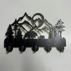 Wooden Key Hook, Mountain Forest Theme Wall Mounted Storage Rack, Suitable for Entryway, Front Door, Kitchen, Hallway, Garage, Office