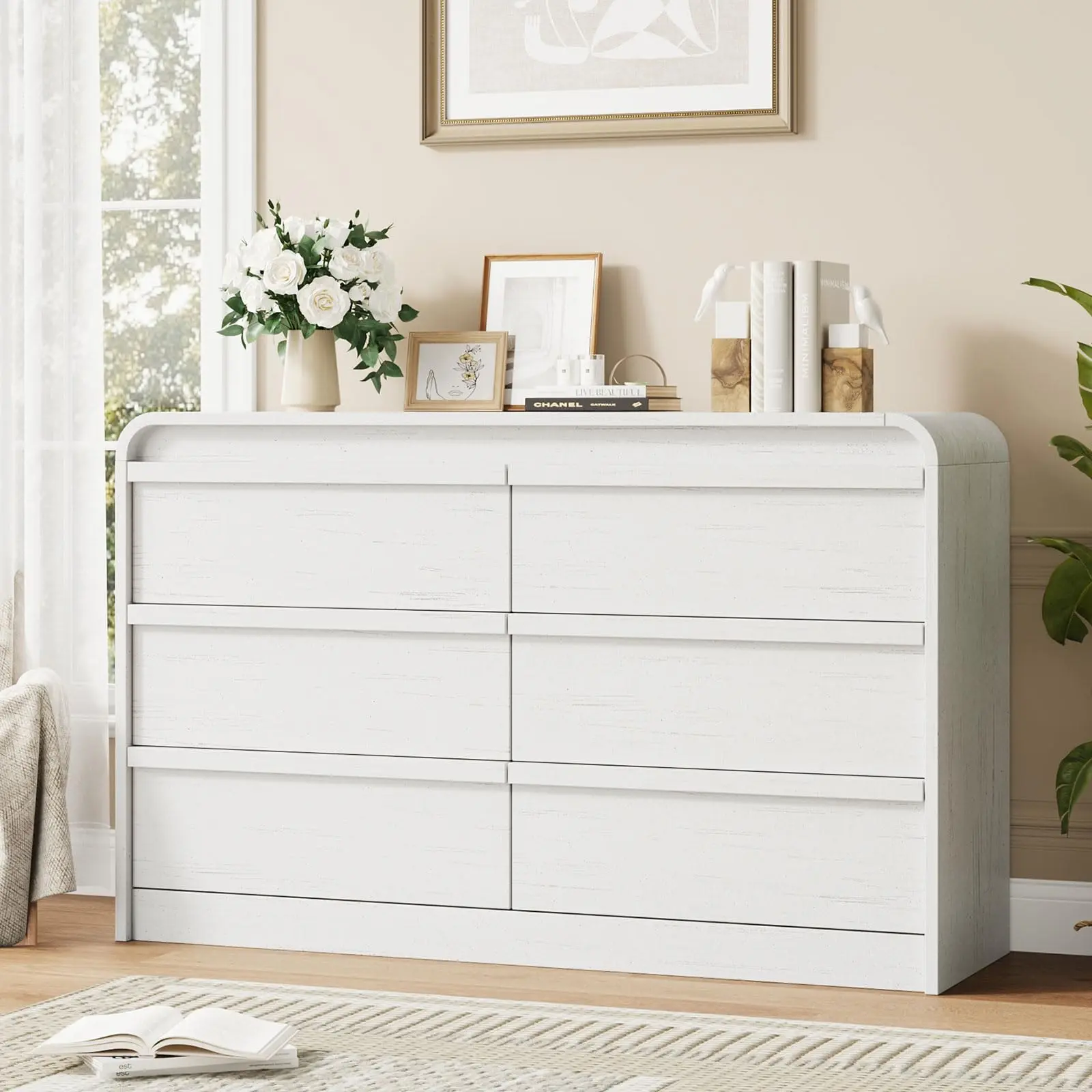 Garvee Arched 6 Drawer Dresser for Bedroom, 47" Wide Wooden 6 Chest of Drawers with Curved Profile Design, Modern Closet Storage Organizer for Living Room, Entryway, Nursery - White