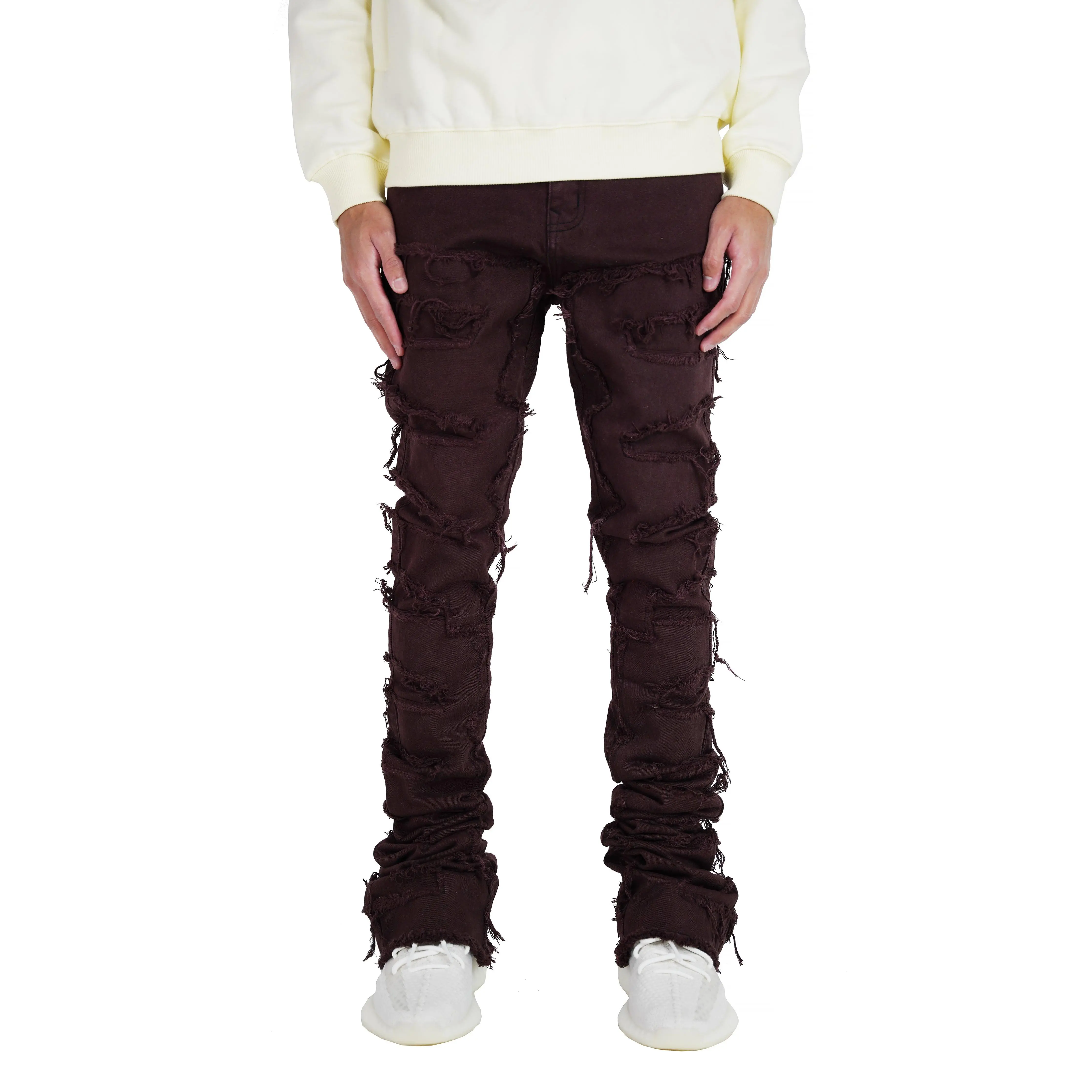 Focus Jeans Men's Umber Super Stacked Slim Tapered Distressed Stretch Denim Pants - 47" Inseam, 5-Pocket Style, Cotton, Spandex, Casual Menswear