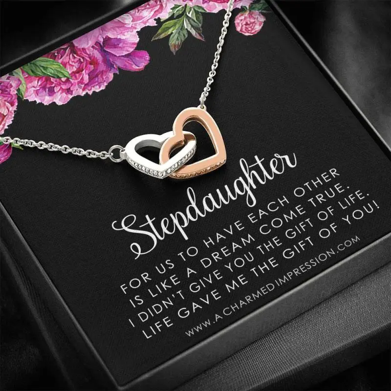 Step Daughter Gift from Stepmom and Stepdad - Custom Message Card with Heart Pendant, Unbiological Child Personalized Jewelry, Birthday Gift