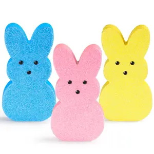 Easter Decor, 3 Pcs Glittery Easter Wooden Signs for Tiered Tray/Mantel/Table Decorations, Home Decor Ornament, Style of Peeps with 3D Eyes(11.6*6.5cm/4.56*2.56inch)