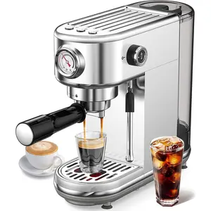 Espresso machine with milk frother, 20 bar pressure espresso machine with 44 ounce detachable can, compact stainless steel coffee machine suitable for home, office, latte, cappuccino, macchiato, silver
