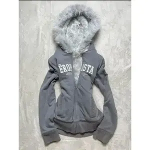 Women’s Zippered Gothic Letter-Print Faux Fur Hooded Sports Sweater/Cardigan, Slim Fit, Comfortable, Casual, Warm, Gray