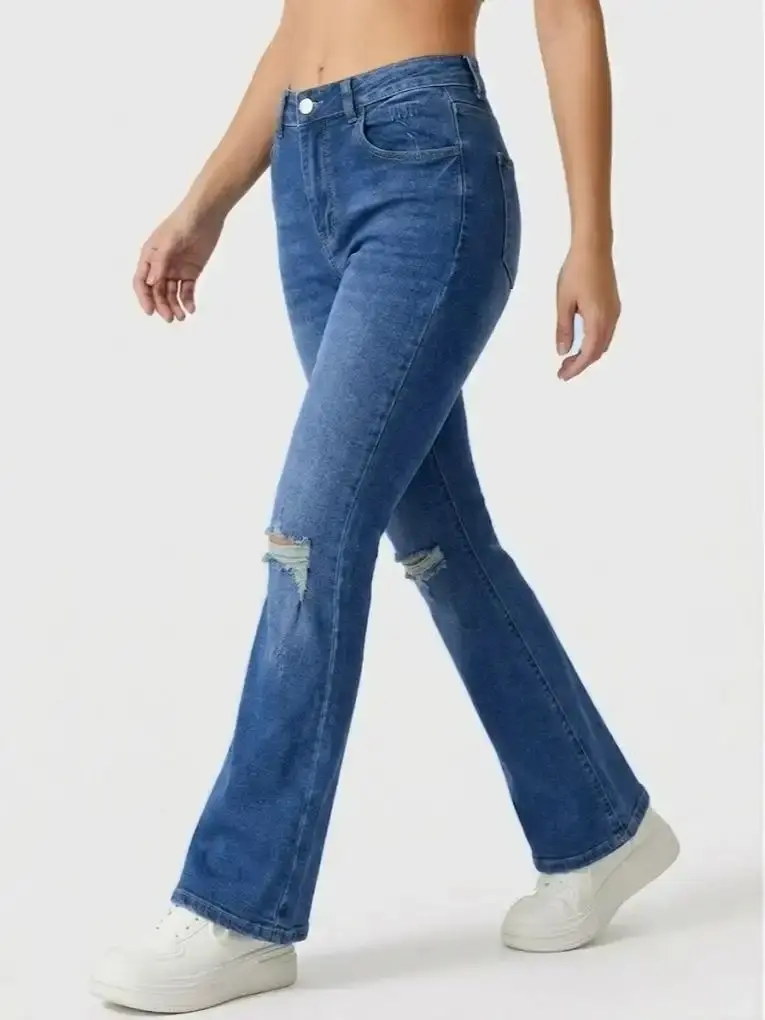 Women's Mid-Rise Knee-Ripped Flare Jeans, Dark Blue Frayed Distressed Stretch Bootcut Denim Bottoms - Streetwear Pick for Oversized Graphic Hoodie Pairing