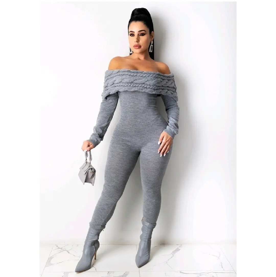 Women Sexy Gray Long Sleeve Fitted Sweater Bodysuit
