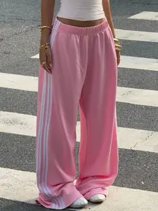 Women's Casual Colorblock Striped Wide Leg Trouser Pants, Long Loose-Fitting Elastic Drawstring Waist, Casual Streetwear Pants, All Seasons Fashion Essential
