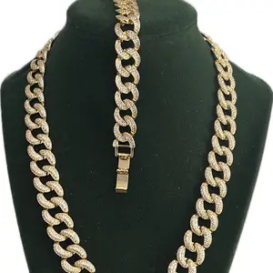 Gold-Tone Iced Out Cuban Link Chain Necklace with Rhinestones for Men and Women