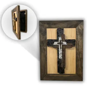 Bellewood Designs Rustic Cross Wall Decoration Secure Gun Cabinet Fireproof Home Security Safe with Magnetic Lock & Customizable Foam Insert 18x13x4 Inches