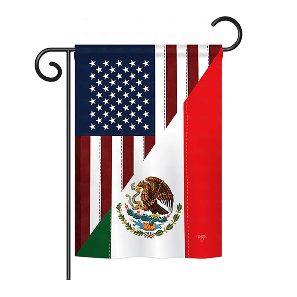 Breeze Decor BD-FS-GS-108205-IP-BO-D-US14-BD 13 x 18.5 in. US Mexico Friendship Flags of the World Impressions Decorative Vertical Double Sided Garden Flag Set with Banner Pole, Usa Yard Flag