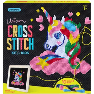 Dan&Darci Unicorn Cross-Stitch Kit for Kids Pre-Cut Canvas 10 Colorful Yarns & Wood Frame Ages 8+ Craft Kit