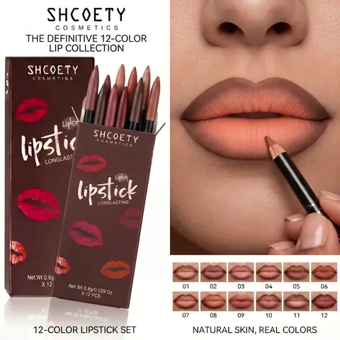 12-Piece 2-in-1 Lipliner & Lipstick Contour Combo Kit - Waterproof Matte 13.5cm Pencils, Long-Lasting Smooth Pigmented Multi-Pack with Vintage Nude, Brown, Mocha Shades for Youth, Flawless Finish (2-in-1 Hack) Makeup Chocolate Fall Lip Combo 