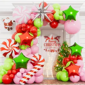 Christmas Balloon Garland Arch Kit, Red Pink Green Xmas Balloons With Candy,Cane,4D Star Foil New Years Balloons For Christmas Party Decorations Indoor,Birthday-120Pcs