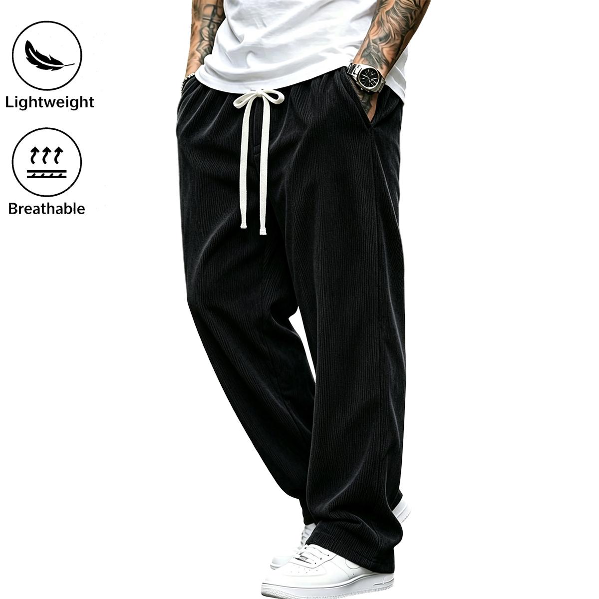 High-end corduroy long pants for men, new for autumn/winter; straight-leg sweatpants with a fluid drape and relaxed fit, wide-leg sports-casual trousers in solid colors with drawstring and pockets; breathable and comfortable, suitable for everyday activit