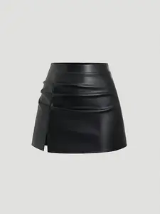 Elegant Vintage High-Waisted Ruched Brazilian PU Leather Side Slit Flare A-Line Mini Skirt, Perfect for Women's Y2K Fashion, Chic Bottom