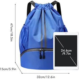 [Waterproof Protection] Waterproof Nylon Drawstring Backpack with Net Pocket-Lightweight Blue Gym Bag, Suitable for Swimming, Hiking and Beach, Durable Polyester Material, Practical Design with Front Zipper Pocket, fitness Storage Bag | Drawstring Closure