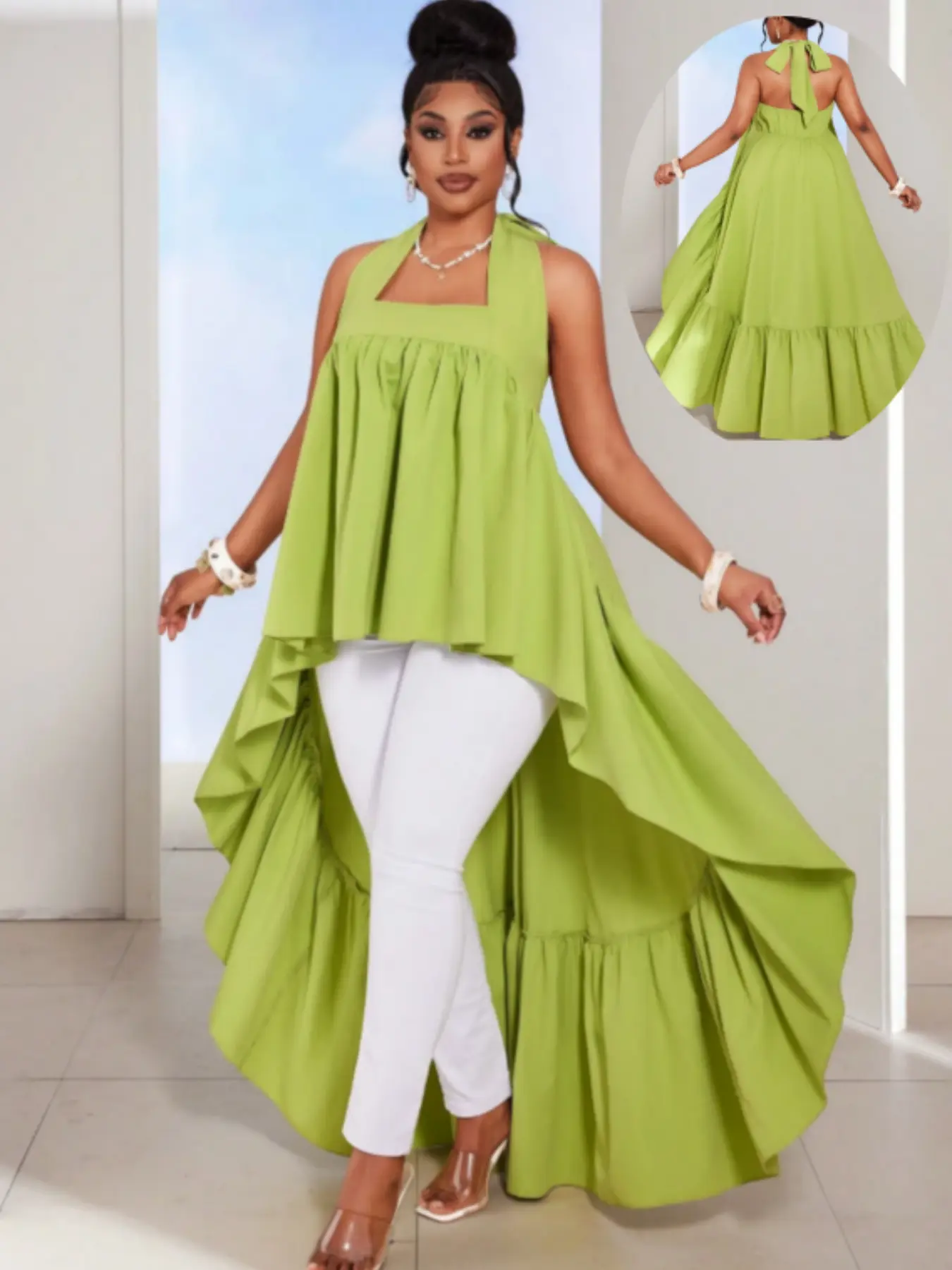 Plus Size Women's Solid Color Pleated Tie Neck Casual Versatile Long Shirt