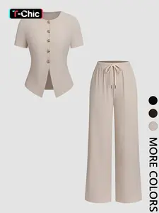 2-Piece Light-Tone Short-Sleeve Button Top & Drawstring Waist Wide-Leg Pants Set, Euro-American Lazy Casual Chic Comfy Set for Home Use