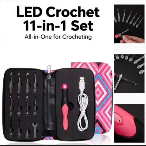 Rechargeable LED Handheld Crochet Hook Set - ABS Ergonomic Handle, 11 Interchangeable Heads (2.5mm to 8mm), Adjustable Brightness, 15-Minute Quick Charge, Beginner-Friendly, Storage Case for Crocheters