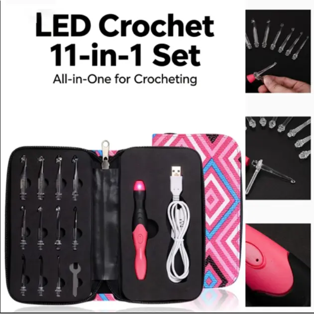 Lighted Crochet Hooks Set, Light Up Crochet Hook Set Rechargeable, 11 Sizes Interchangeable Crochet Set with Ergonomic Handle for Beginners, Crochet Needles Kit with Case for Crocheters
