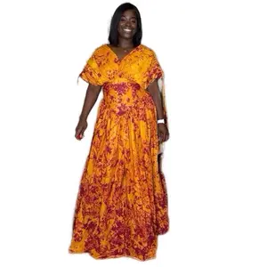 Liana Adire Basque Dress - Orange and Red Floral Print Short Sleeve Maxi Dress for Women Womenswear Vneck Summer  Party Formal