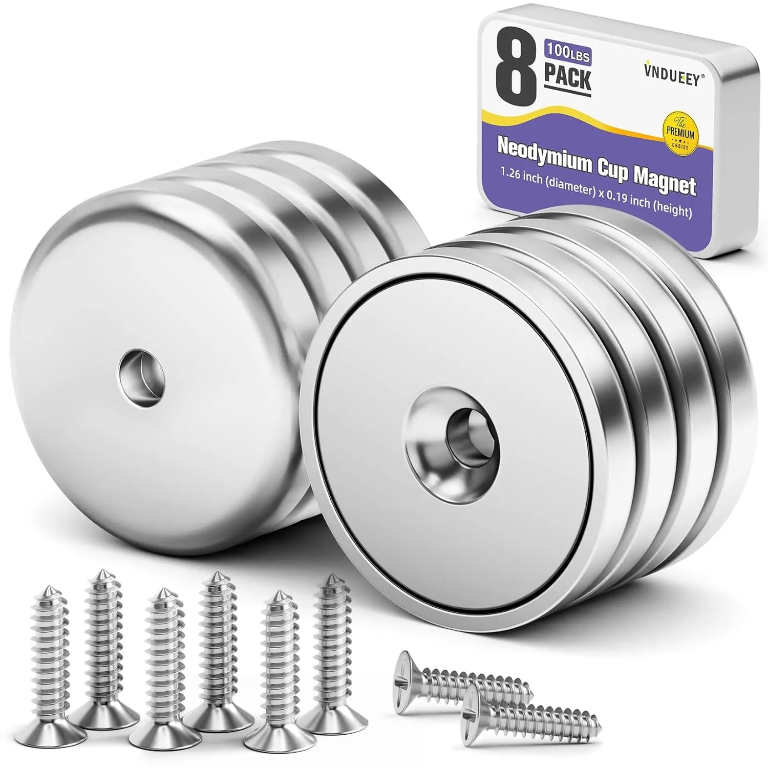 8-Pack Powerful Triple Coated Neodymium Magnet Cups, 100 LBS Pull Force Rare Earth Magnets with Countersunk Hole, 1.26''D x 0.2''H Industrial Strength Round Base, Screws Included for Projects, Lifting (Useful Tool), N35 Grade