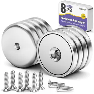 8 Pack Neodymium Magnet Cup 100 LBS Pull Force Rare Earth Magnets with Countersunk Hole Industrial Strength Round Base, 1.26''D x 0.2" H, Screws Included