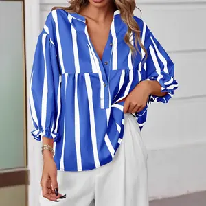 Women's Striped Shirt Puff Sleeve Loose Top