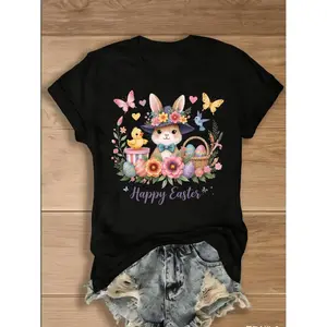 Easter Bunny Graphic T-Shirt for Women Casual Summer Tee Retro Breathable Street Trend Easter Gift Versatile Festival Outfit