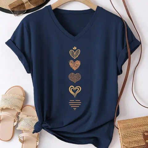 Heart Pattern V-Neck T-Shirt, Women's Casual Streetwear Short Sleeve Top, Soft Stretch Fabric, Fit, Ideal for Spring/summer/autumn, Fashionable Ladies' Wear, Womenswear