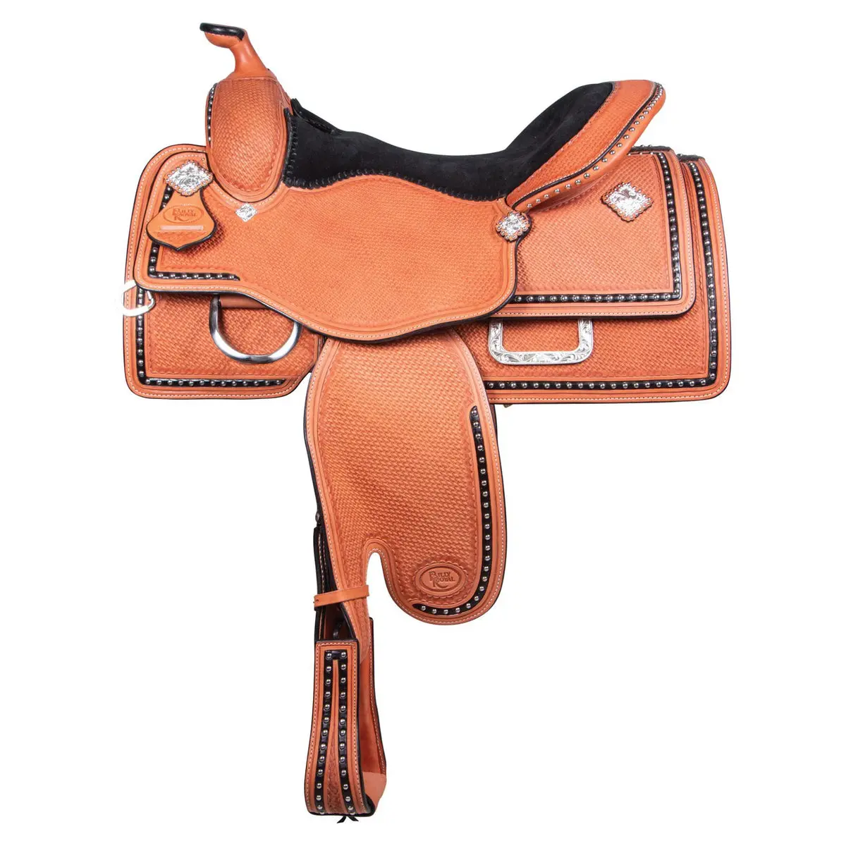 Hand-Tooled Leather Show Saddle with Studded Basketweave Pattern, Hand-Padded Seat, Cutaway Design & Durable Stainless Steel Rigging, Equestrian Supplies, Flex Fender, Show Horse, Basketweave Stitching