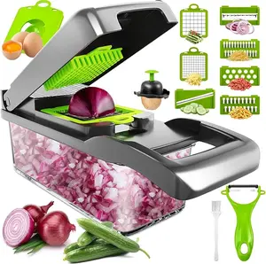 Vegetable Chopper, 14 in 1 Multifunctional Food Chopper, Kitchen Slicer Cutter Veggie 8 Blade Carrot and Garlic With Container Steel Set Utensils