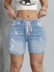 Women's Ripped Decorate Denim Shorts, Fashion Casual Drawstring Waist Adjustable Denim Shorts for Daily Outdoor Wear, Ladies Bottoms for Spring & Fall