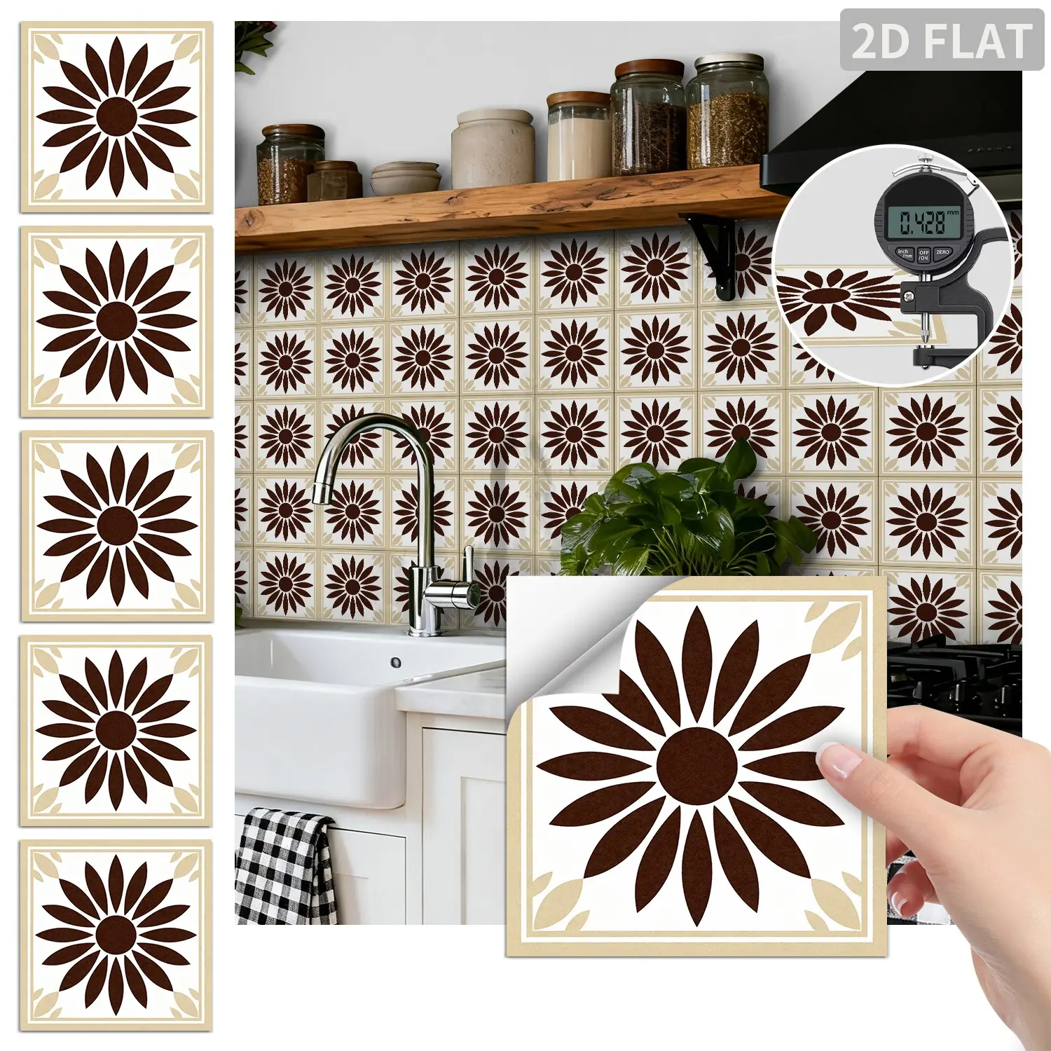 24PCS/Box FHZ Brown Beige Sunflower Peel & Stick Tile Stickers | PET Matte Waterproof Oil-Proof Wall Decals for Kitchen Backsplash Bathroom Furniture Stairs | DIY Home Renovation