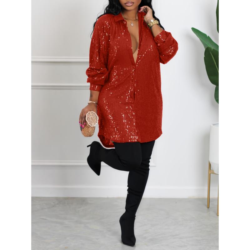 Elegant Women'S Fashion, Sparkling Loose Button-Up Shirt - Black, Lapel Collar, Perfect for Spring/Fall, Adult Casual Attire, Stylish Adult Clothing | Sparkling Embellishments | Detailed Button Closure Fabric Spandex shirts  women cute  summer  top