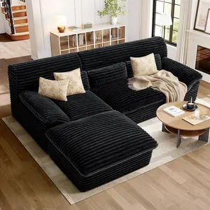 3 Seat L-Shaped Cloud Sectional Couch with Double-Layer Thickened Deep Seat,Comfy Corduroy Fabric Sofa Bed,Modular Sectional Sofa,Boneless Couch for Living Room,No Assembly Required,Black/Grey