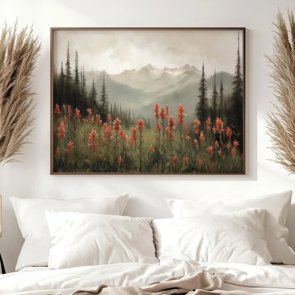 Indian Paintbrush Wildflower Wall Art | Mountain Landscape Print | Moody Nature Floral Decor X
