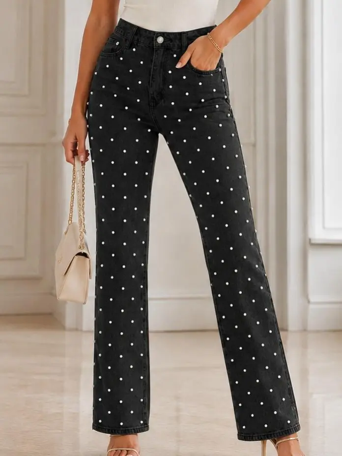 Women's Black Denim Jeans with Pearl Embellishments High Waisted Straight Leg Full Length Pants with Pockets Fitted Jeans for Women Y2K Streetwear Going Out Pants Back to School Fall Outfits Party Concert Date Night Chic Casual Daily Wear Travel Weekend