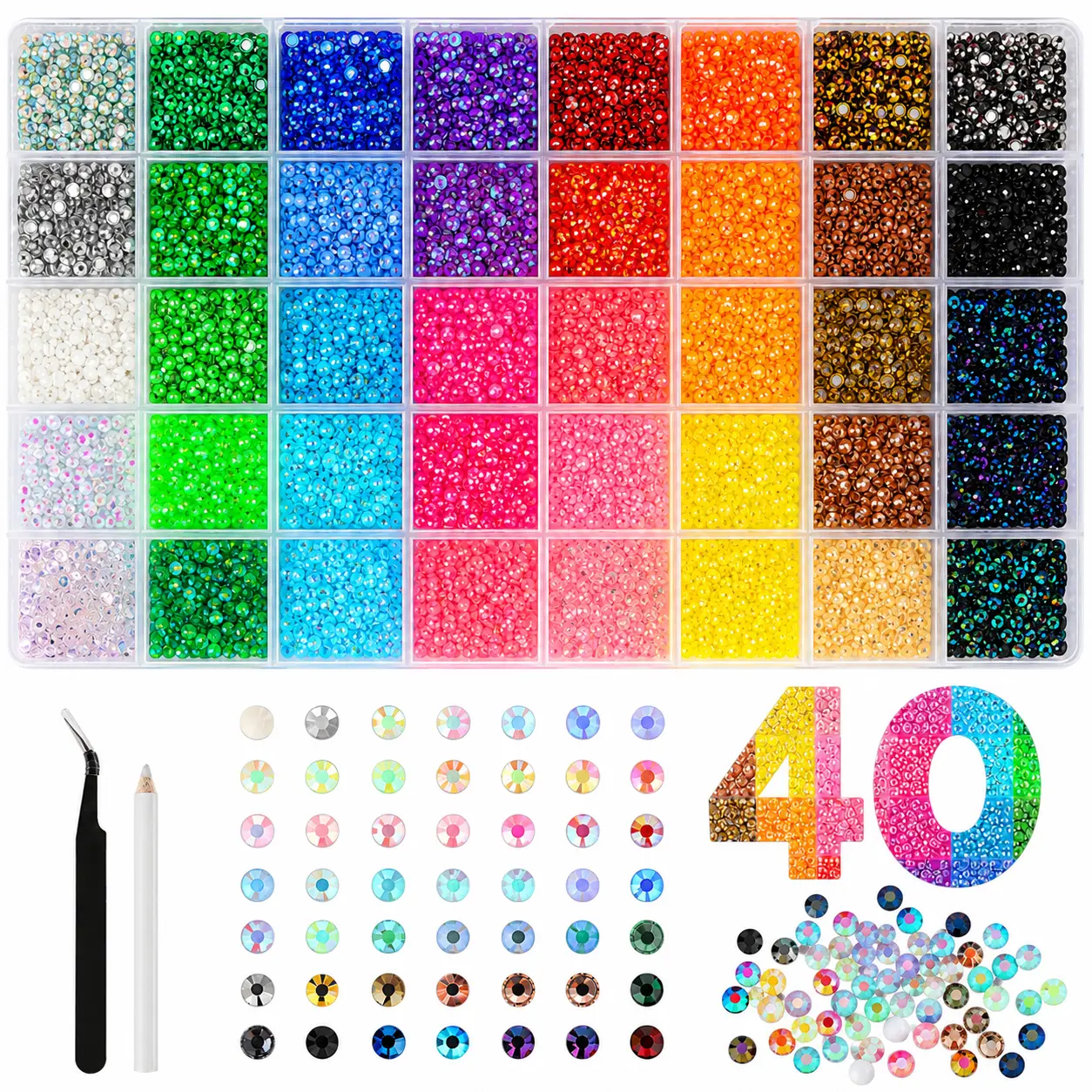 Durable 3mm Multicolor Resin Flatback Faux Nail Art Rhinestones Kit - 40 Colors, 40000Pcs for DIY Bling, Easy Nail Art, Crafting Projects