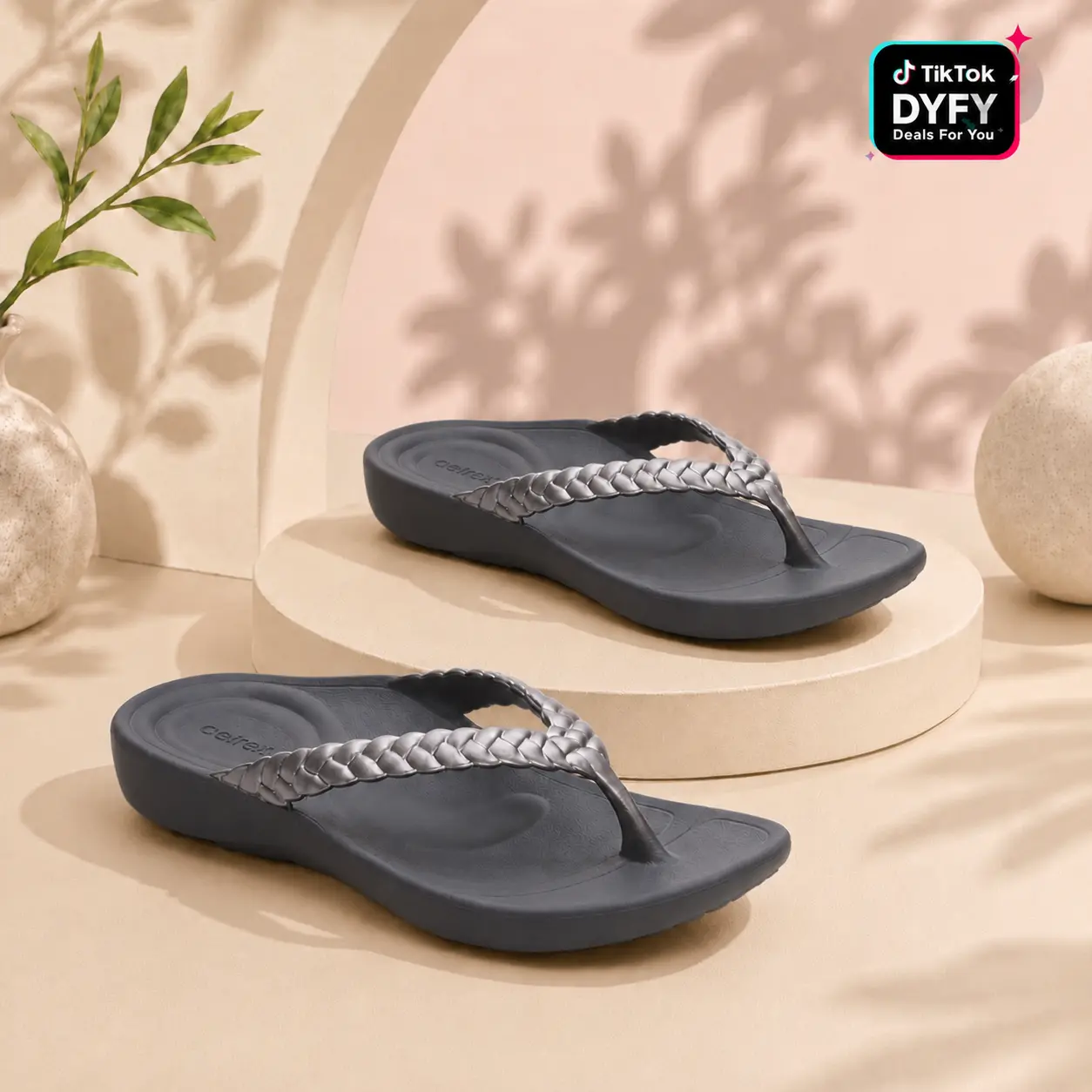 Aetrex Vicki Braided Thong Sandal - Pewter Gloss | Arch Support Sandals for Foot Pain Relief & All-Day Comfort | Lightweight Walking Flip Flops