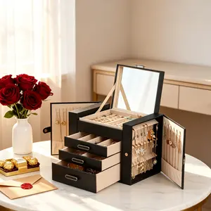 BOOVO 4-Tier Jewelry Box Organizer with Built-in Mirror, PU Leather Jewelry Storage Case with Double Door Design, Large Capacity Jewelry Chest for Earrings and Rings, Gift for Her