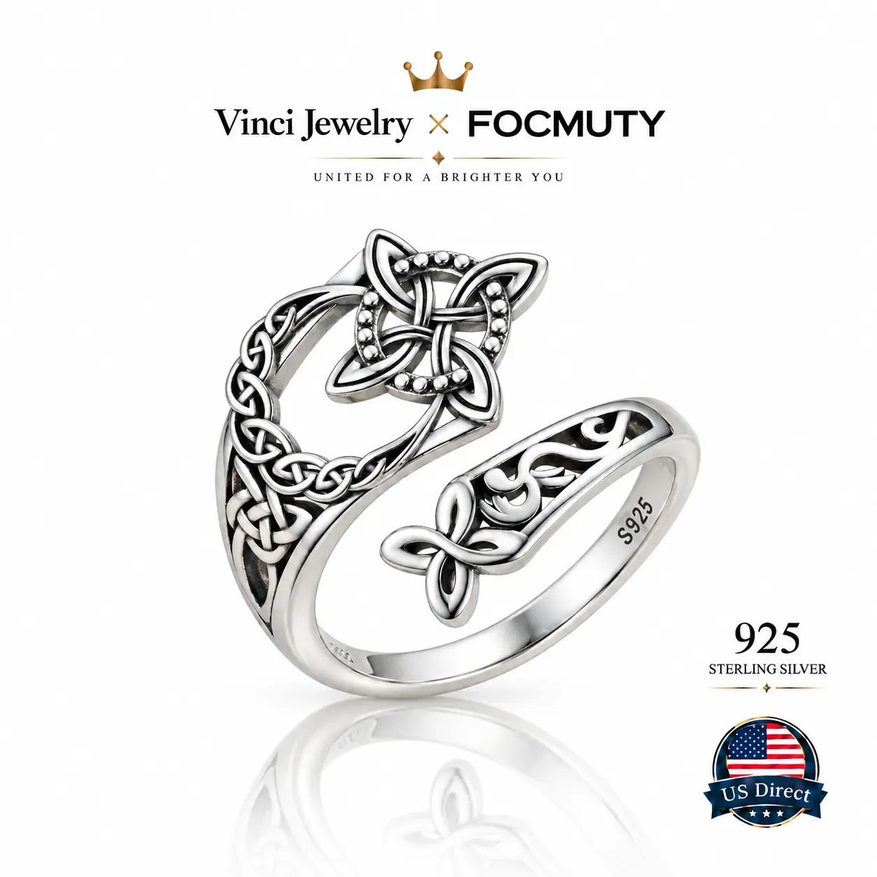 FOCMUTY 925 Sterling Silver Witch Knot Ring - Gothic Celtic Vintage Mystic Fantasy Open Band Statement Jewelry with Intricate Knotwork, Dark Romantic Pagan Style for Women, Halloween Party & Daily Wear Gift