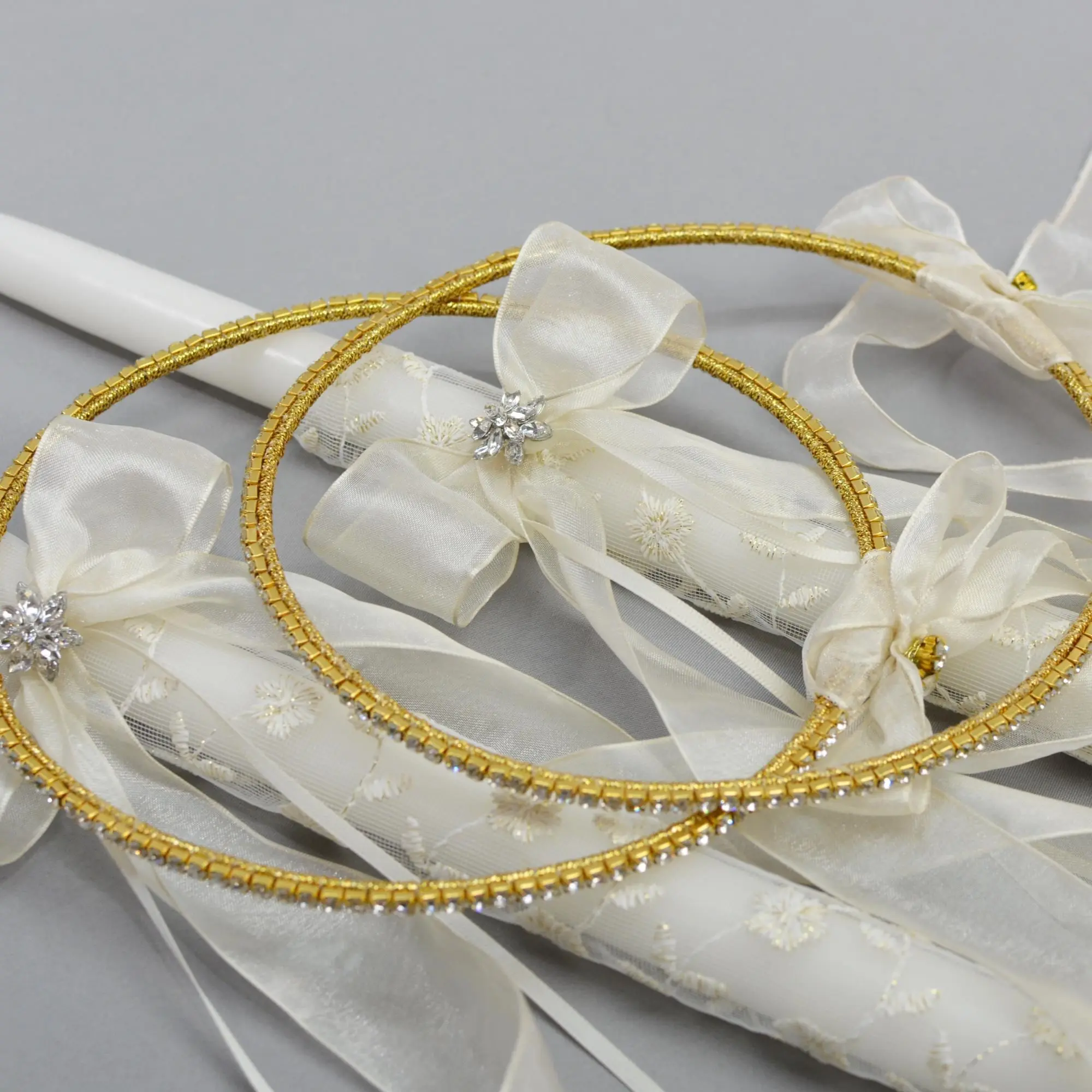 Greek Stefana & Lambades Set - Orthodox Wedding Crowns and Candles - Life's Fairytale Cream Set -