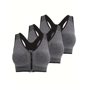 3pcs Plus Size Seamless Wirefree Zip Front Post Surgery Padded Racerback Yoga Sports Bra for Women's Activewear