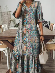 Summer Fashion Elegant V-Neck Half Sleeve Bohemian Print Long Dress, Stylish Floral Pattern, Perfect for Casual Wear