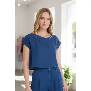 DARK CHAMBRAY SHORT SLEEVE BACK BUTTON TOP