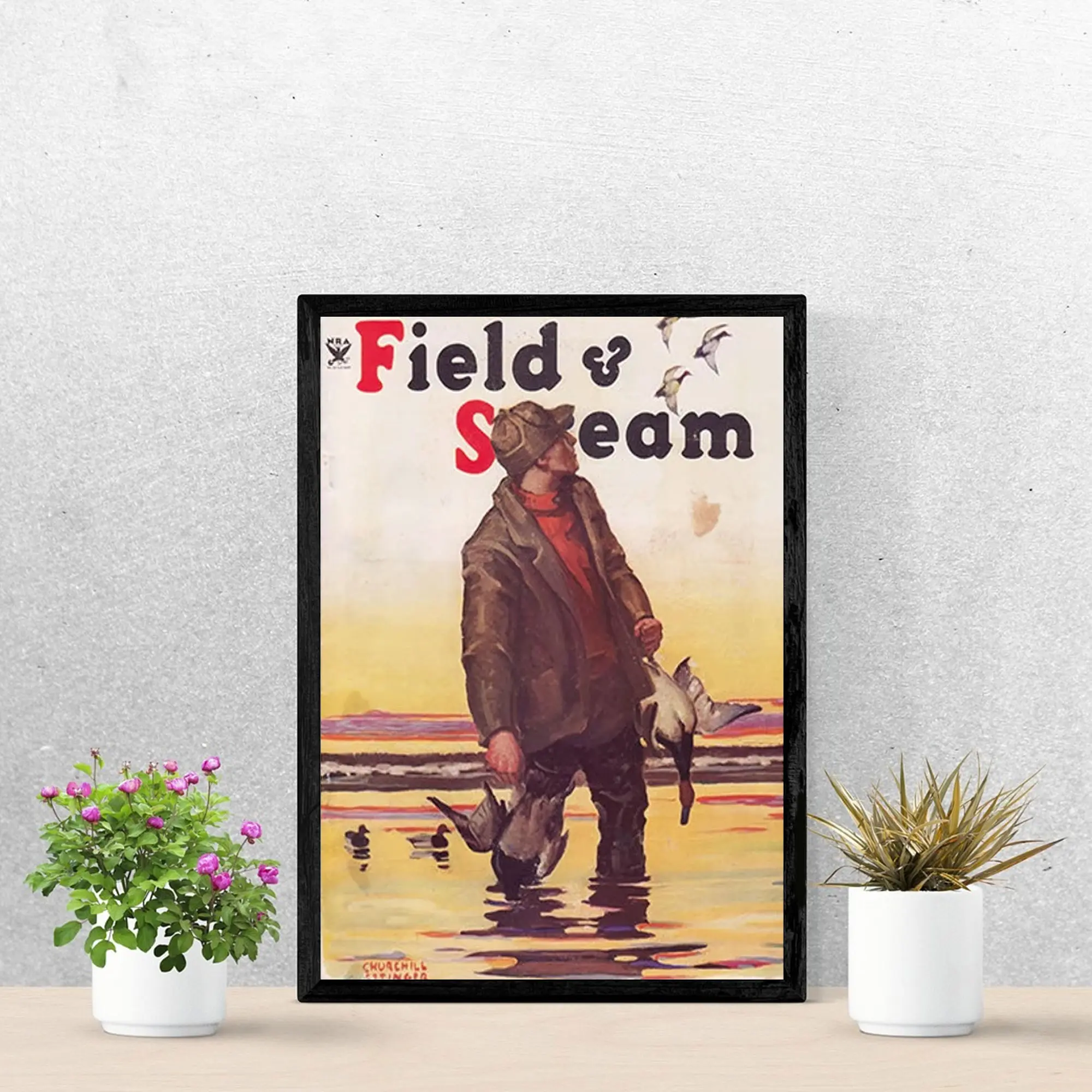 Field & Stream Waterfowl Hunting Vintage Poster, Retro Hunter Holding Ducks Picture Print, Rustic Lodge Wall Decor