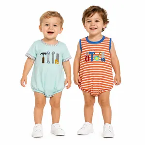 Tool Embroidered Baby Boy Romper | Orange Striped Sleeveless Bubble Outfit | Summer Construction Baby Clothes 0-24M