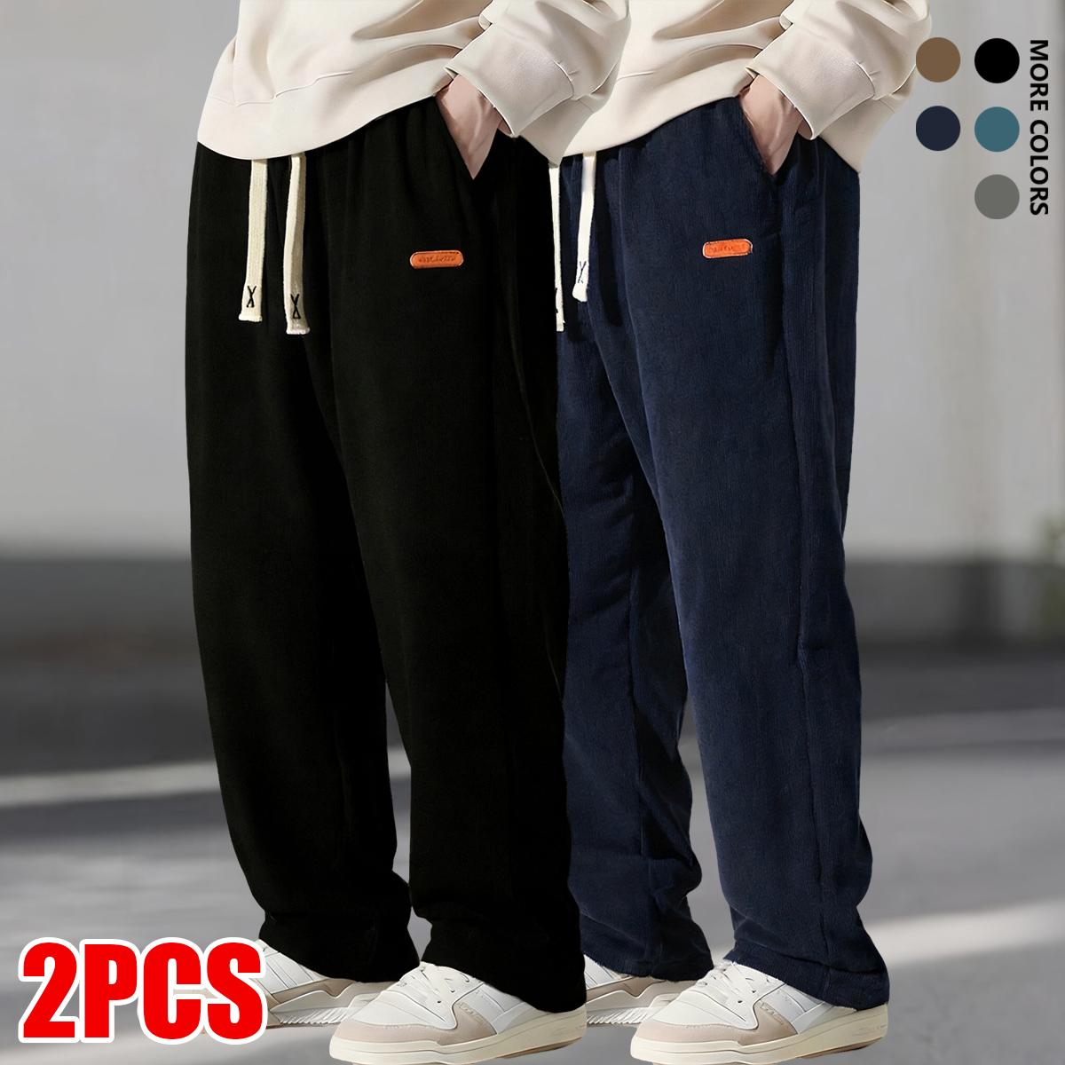 Men's loose straight cool mid-rise stretch drawstring side pocket corduroy casual pants with elastic drawstring waistband - machine wash comfortable suitable for everyday wear