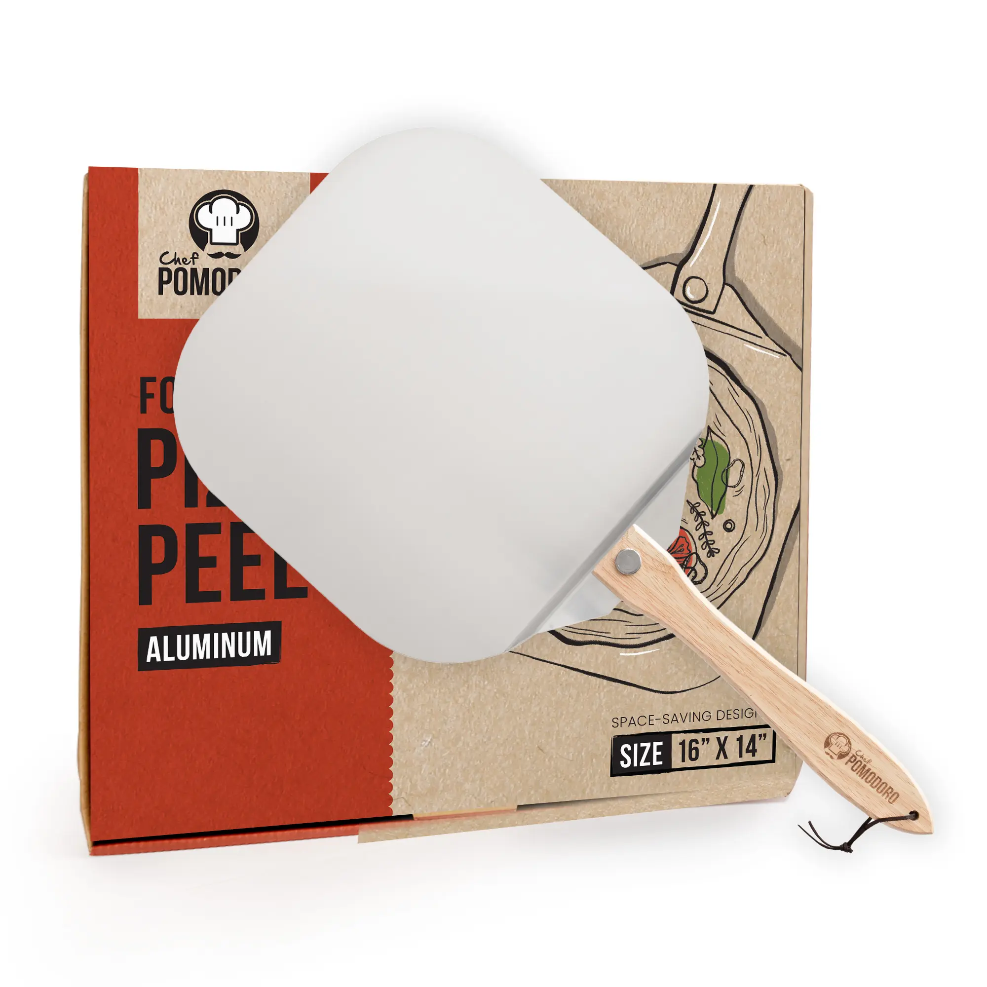 Chef Pomodoro Aluminum Metal Pizza Peel 16 inch with Foldable Wood Handle for Easy Storage, Pizza Spatula Paddle, Gourmet Luxury Pizza Paddle for Baking Homemade Pizza and Artisan Bread (16 x 14 inch)